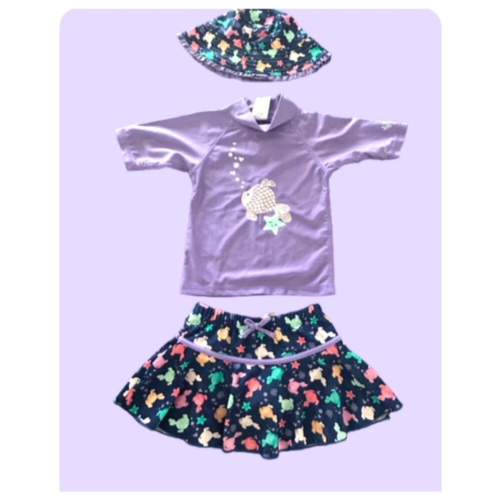 Toddler Girls Purple Rash Guard Set With Skirt & Hat Sea Turtle Print